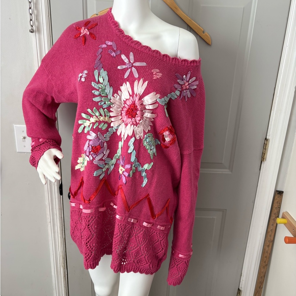 Vintage Pink Ribbon Embroidered Floral Crewneck Sweater Dress